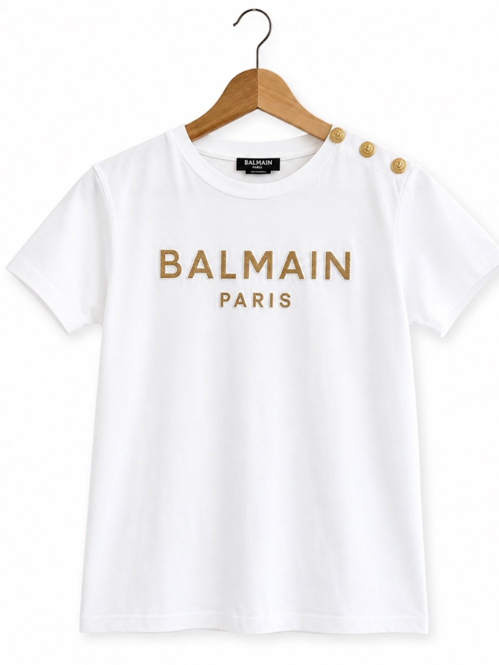 Balmain Paris‎ White Logo T-Shirt with Gold Buttons Size 12A